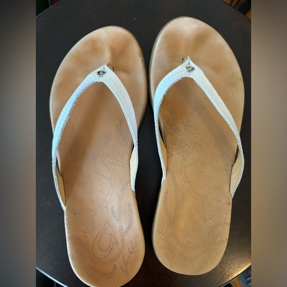 Olukai White Leather Flip Flops